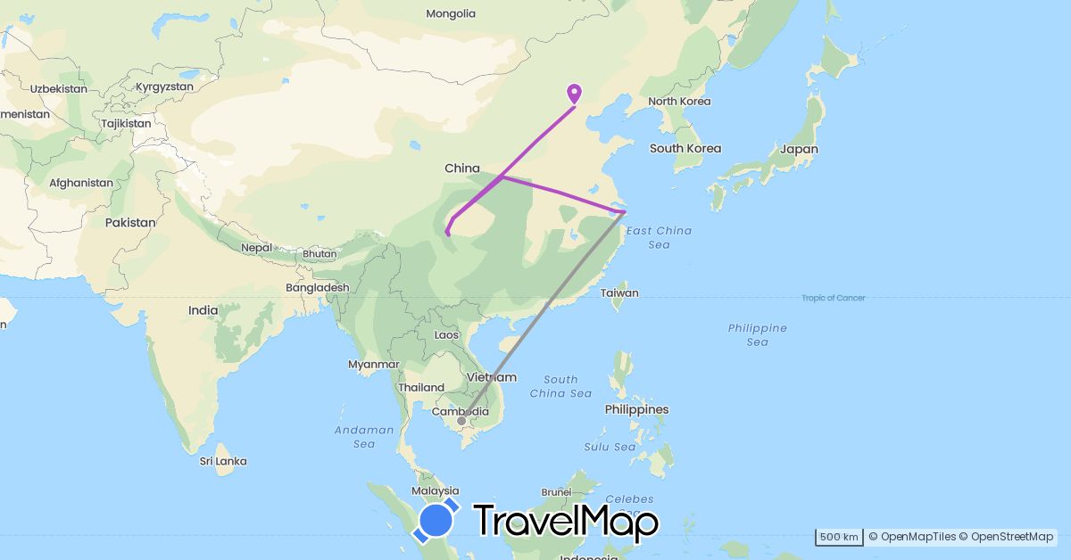 TravelMap itinerary: driving, plane, train in China, Cambodia (Asia)